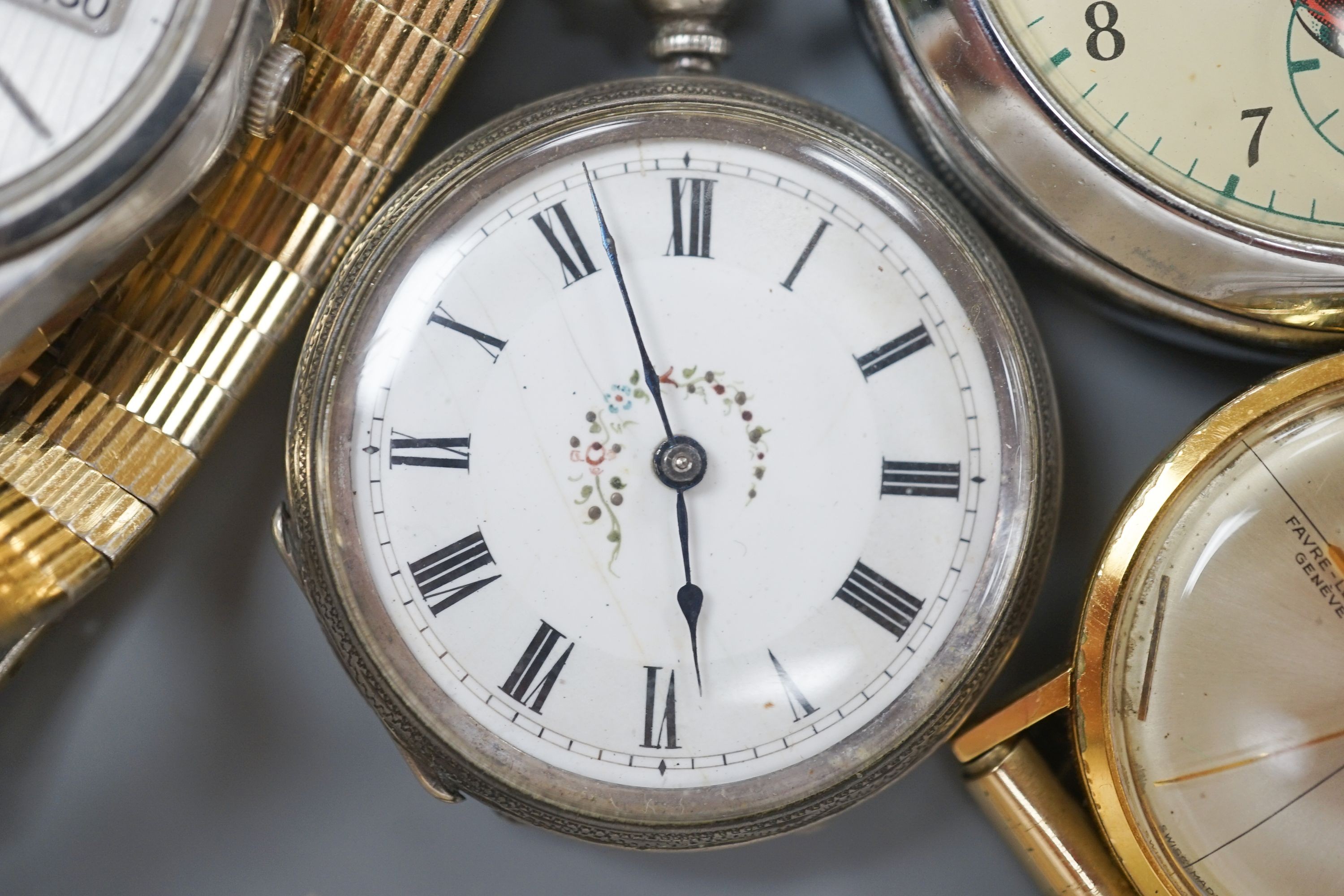 A chrome cased Guinness Time pocket watch, two wrist watches including Favre-Leuba and an 800 fob watch.